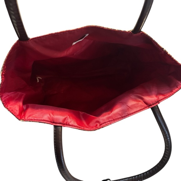 Neiman Marcus Tote Microfiber Suede Tan Brown Leopard Print Brown Handles Red - Picture 5 of 16